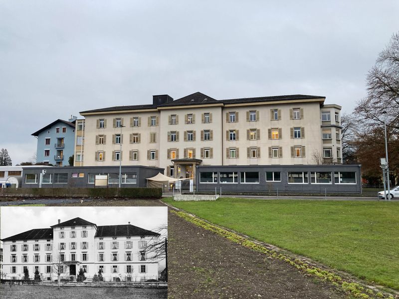 Sanierung und Erweiterung Psychiatrie Obwalden – Ansicht Brünigstrasse vor der Sanierung und historische Aufnahme – Sigrist Schweizer Architekten AG / Staatsarchiv OW